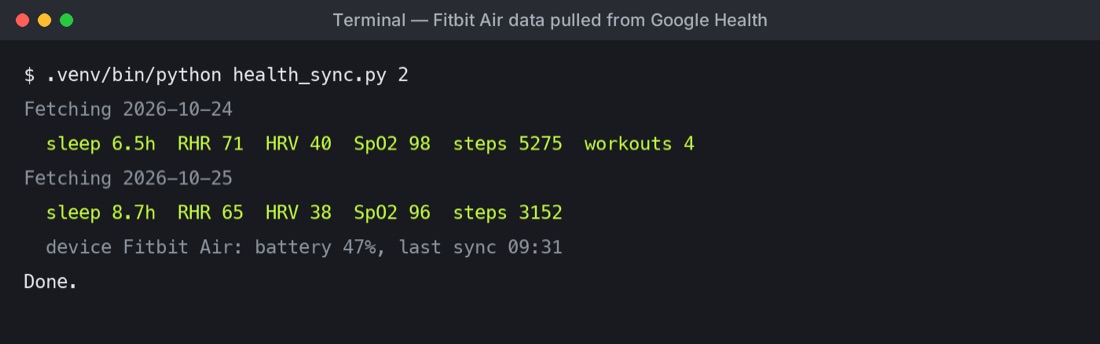 Fitbit data pulled from Google Health